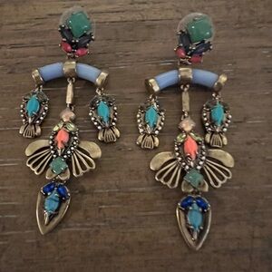 Stella & Dot Gold Earrings with Green and Blue Accents